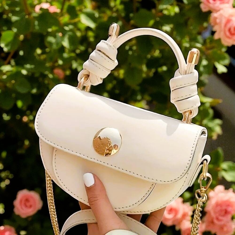 Purse Women Beige Mini Cross-body, Saddle‎ Bag with Accent.